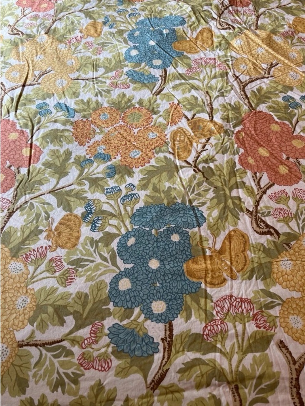 Pottery Barn Mum Garden Floral Cotton Quilt in Blue, Yellow, Coral and Green- Q